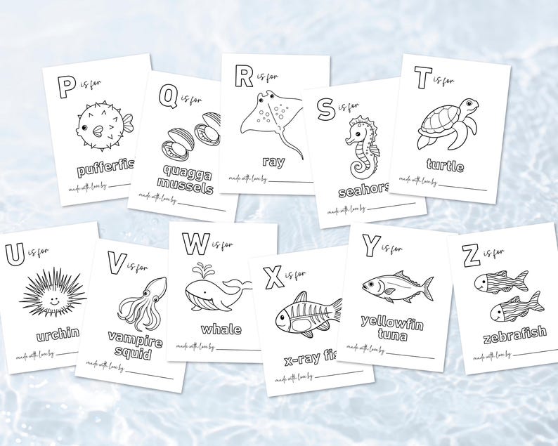 May include: A collection of white flashcards featuring black line drawings of sea creatures, each labeled with a letter of the alphabet. The cards include illustrations of a pufferfish, ray, seahorse, turtle, and more. The text "made with love by" is at the bottom.