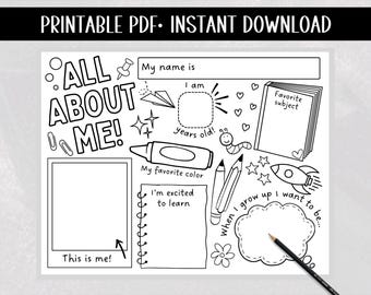 All About Me Printable, Getting to Know You Activity, Back to School Worksheet, First Day of School Coloring Page for Kids, Homeschool Craft