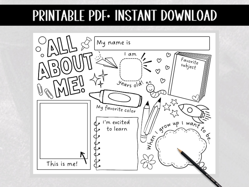 May include: A printable "All About Me" worksheet for kids. The worksheet features a variety of prompts for children to fill in, including their name, age, favorite color, and what they want to be when they grow up. The worksheet is black and white and can be colored in.
