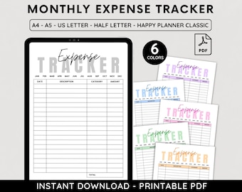 Puede incluir: Plantilla de seguimiento de gastos mensual imprimible en formato PDF. El rastreador tiene columnas para la fecha, la descripción, la categoría y el importe. Está disponible en seis colores diferentes: rosa, azul, verde, amarillo, naranja y morado. El texto "Expense Tracker" está en negrita, en letras negras.