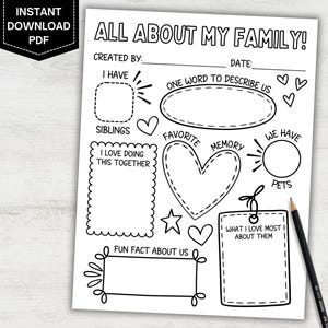 Allt om min familj utskrivbart arbetsblad, Lär känna mig, målaraktivitet för förskola, Tillbaka till skolan-aktivitet, Lär känna dig-aktivitet