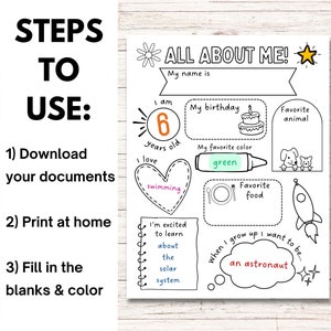 May include: A printable "All About Me!" worksheet for kids. The worksheet has sections for a child to fill in their name, age, birthday, favorite color, favorite food, favorite animal, and what they want to be when they grow up. The worksheet is black and white with colorful accents.
