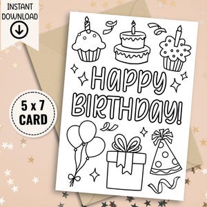 Happy Birthday Coloring Card, Printable Coloring Birthday Card, Digital Birthday Card, Color Your Own Card, Homemade Card, Coloring Activity