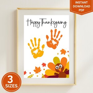 May include: Printable Thanksgiving handprint craft with the text "Happy Thanksgiving" and a turkey illustration with fall leaves.