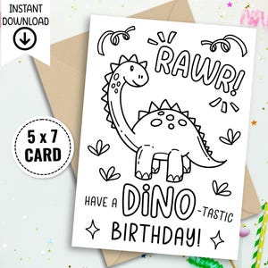 Happy Birthday Coloring Card, Dinosaur Birthday Card, Printable Birthday Card, Color Your Own Card, Homemade Card, DIY Birthday Card