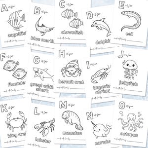 May include: A collection of white flashcards featuring black line drawings of sea creatures, each labeled with a letter of the alphabet and the creature's name. The cards include an angelfish, blue marlin, clownfish, dolphin, eel, flounder, shark, hermit crab, shrimp, jellyfish, crab, lobster, manatee, narwhal, and octopus.
