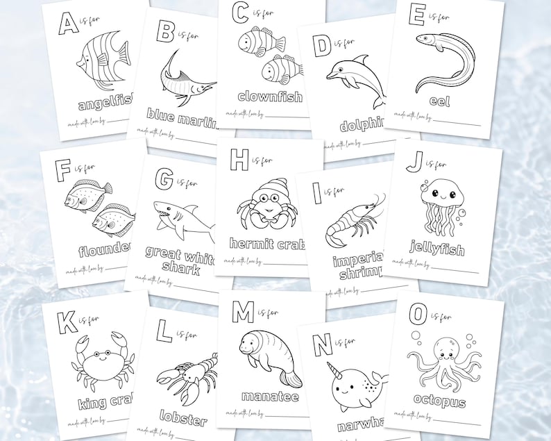May include: A collection of white flashcards featuring black line drawings of sea creatures, each labeled with a letter of the alphabet and the creature's name. The cards include an angelfish, blue marlin, clownfish, dolphin, eel, flounder, shark, hermit crab, shrimp, jellyfish, crab, lobster, manatee, narwhal, and octopus.