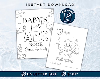 Attività da colorare per baby shower con l'alfabeto, primo libro da colorare con l'alfabeto per neonati, gioco per baby shower con l'oceano, sotto il mare, pagine da colorare con l'alfabeto degli animali