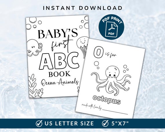 ABC Baby Shower Coloring Activity, Baby's First ABC Coloring Book, Ocean Baby Shower Game, Under the Sea, Animal Alphabet Coloring Pages