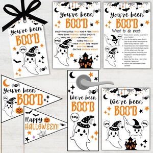 May include: A set of printable Halloween door hangers and signs featuring a cute ghost with a witch's hat and the text "You've been Boo'd". The signs are decorated with stars, bats, and spiders in black and orange.