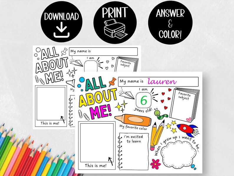 May include: A printable "All About Me!" worksheet for kids to fill out. The worksheet features a colorful design with a rocket, stars, and a caterpillar. It includes prompts for the child's name, age, favorite color, and what they want to be when they grow up.