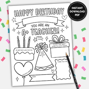 Joyeux anniversaire enseignant, appréciation des enseignants à imprimer, carte à colorier d'anniversaire enseignant, carte de joyeux anniversaire pour enseignant, souvenir enseignant
