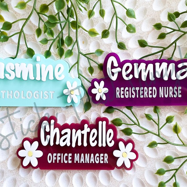 Badge nominatif de travail personnalisé, Badge nominatif pour le travail, Badge nominatif personnalisé en acrylique, Badge nominatif marguerite