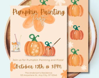 May include: A set of two fall-themed invitations. The invitations feature orange pumpkins with green stems and the text "Pumpkin Painting Party". The date is October 12th at 3 PM. Includes address and RSVP information.