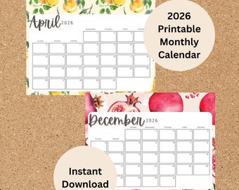 2026 Printable Calendar, Fruit Watercolor Calendars, Digital Editable Template, Month Desk Planner, Family Planners Kids Homeschool PDF