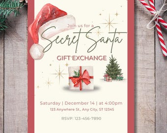 Peut inclure: Un chapeau de Père Noël rouge et blanc sur un fond blanc. Le texte "Join us for a Secret Santa Gift Exchange" est écrit en lettres dorées. La date et l'heure de l'événement sont indiquées ci-dessous, ainsi que l'adresse et les coordonnées pour RSVP.