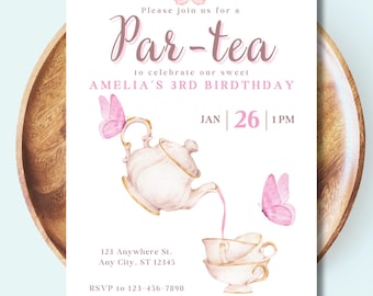 Tea Party Birthday Invitation, Pink Butterfly (Digital Download)
