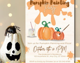 May include: An invitation to a pumpkin painting party. The invitation features a watercolor illustration of two pumpkins, one with a paintbrush and the other with a jar of paint. The text reads "Pumpkin Painting Party", "Join us for Pumpkin Painting and Pizza!" and "October 12th @ 3PM".