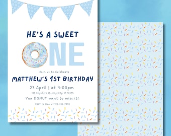 Sweet One Donut 1st Birthday Invitation Boy (Digital Download, 5x7 in