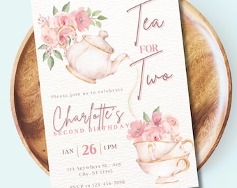 Tea for Two birthday party invitation Tea party invitation template 2nd birthday Pink Flowers girl second birthday instant download partea