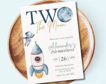 TWO the Moon Birthday Invitation template editable Instant Download Outer Space Digital Invite Astronaut 2nd Birthday Boy