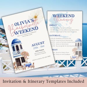 Plantilla de invitación para despedida de soltera griega: Acuarela de Santorini (Descarga digital)