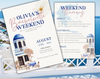 Greece Bachelorette Party Invitation Template: Santorini Watercolor (Digital Download)