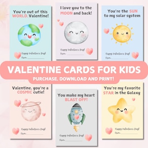 Ruimtethema Valentijnsdagkaarten voor kinderen Afdrukbare Galaxy Valentine Classroom Instant Download Solar System Valentine Day Cards Class