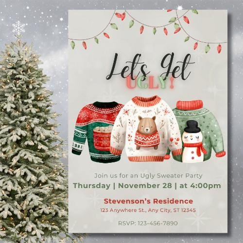 Ugly Christmas Sweater Party Invitation: Editable Holiday Template