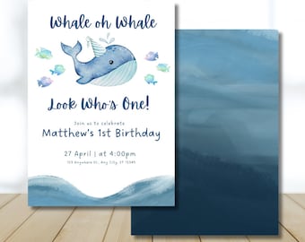 Whale Birthday Invitation template editable Instant Download Boy Whale Theme First Birthday Digital Invite Whale oh Whale 1st Birthday Evite