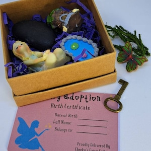 Mini Fairy set met miniatuur huis en vijver, verbeelding en doen alsof spelen. adopteer een schattige fee, met geboorteakte. Leuke kinderen