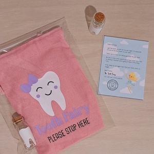 Tooth fairy bags with tooth keepsake vial and tooth fairy note. Assorted styles which can personalized. Cute keepsakes Toothfairy gift ideas