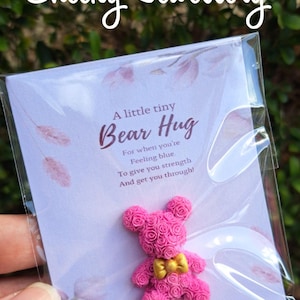 Peut inclure: Un charm en forme d'ours rose recouvert de roses avec un nœud doré, présenté sur une carte avec l'inscription "A little tiny Bear Hug". La carte est dans une pochette en plastique transparent. Le texte "Cheeky Jewellery" est en haut.