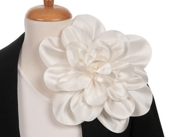 Extra Large White Fabric Flower Brooch – Handmade Shoulder Pin, Oversized Statement Floral Jewelry