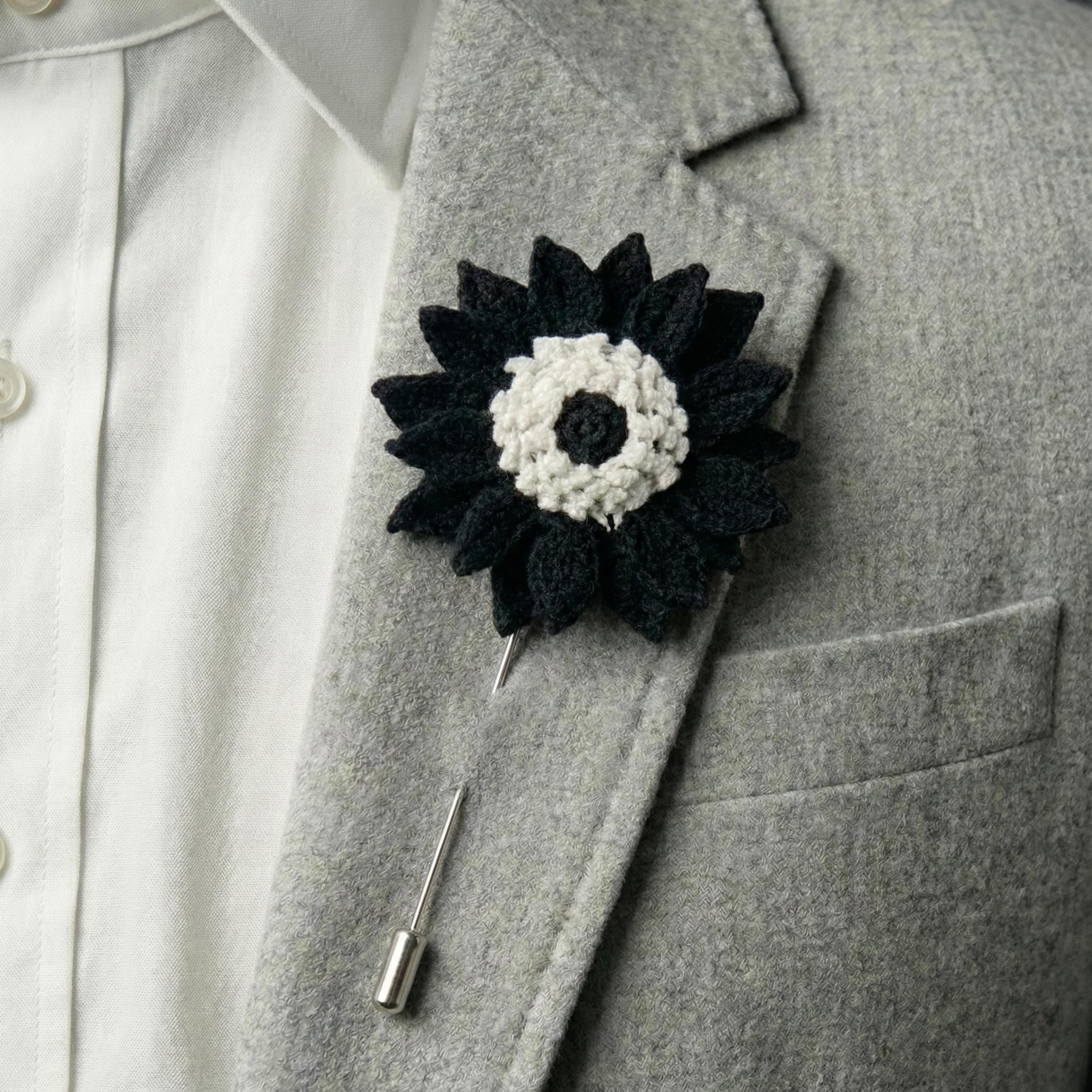 35 Beautiful and Stylish Monochrome Crochet Patterns 6 Black Crochet Lapel Pin Cotton Flower Boutonniere Men