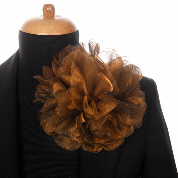 Antique Gold Oversized Organza Flower Brooch – Statement Fabric
