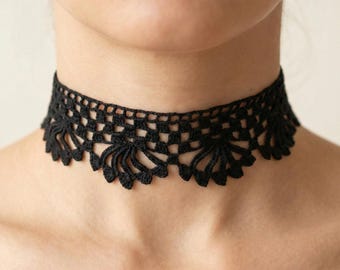 Black Crochet Choker with Crochet Cord, Adjustable Lace Cotton Choker, Victorian Style Crochet Choker