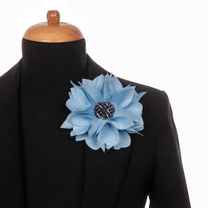 Blue Handmade Fabric Brooch – Beaded Floral Lapel Pin for Summer Outfits