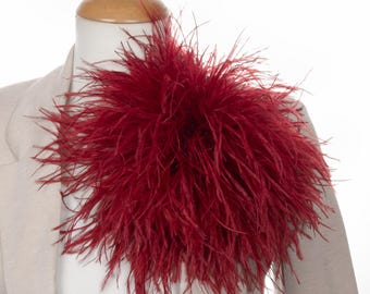 Medium Size Burgundy Feather Brooch, Carmine ostrich feathers decorative floral pin