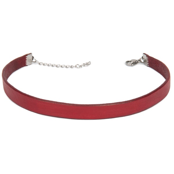 Red thin genuine leather choker necklace, 10 mm plain leather choker, Minimalist choker,  Unisex choker, Made to size