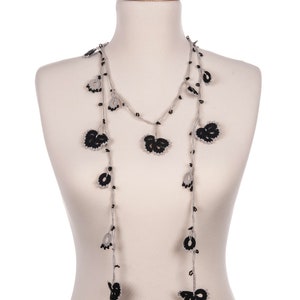 Crochet Flowers Beaded Necklace, Boho Long Wrap Necklace, Crochet Jewelry Beaded Wrap Necklace, Wild Flower Lariat
