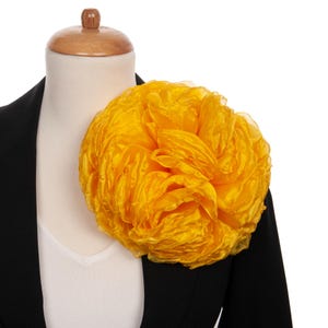 Large Gold Yellow Organza Flower Brooch, Handmade Statement Pin for Women, Elegant Party Accessory, Big Fabric Flower for Dresses