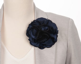 Navy Blue Fabric Organza Handmade Flower Brooch, Floral pin, packed as a gift