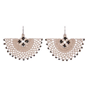 Sterling Silver Handmade Semicircle Earrings with Crochet and Beading, Elegant Crochet and Beaded Semicircle Jewellry. 14K Gold Plate Option