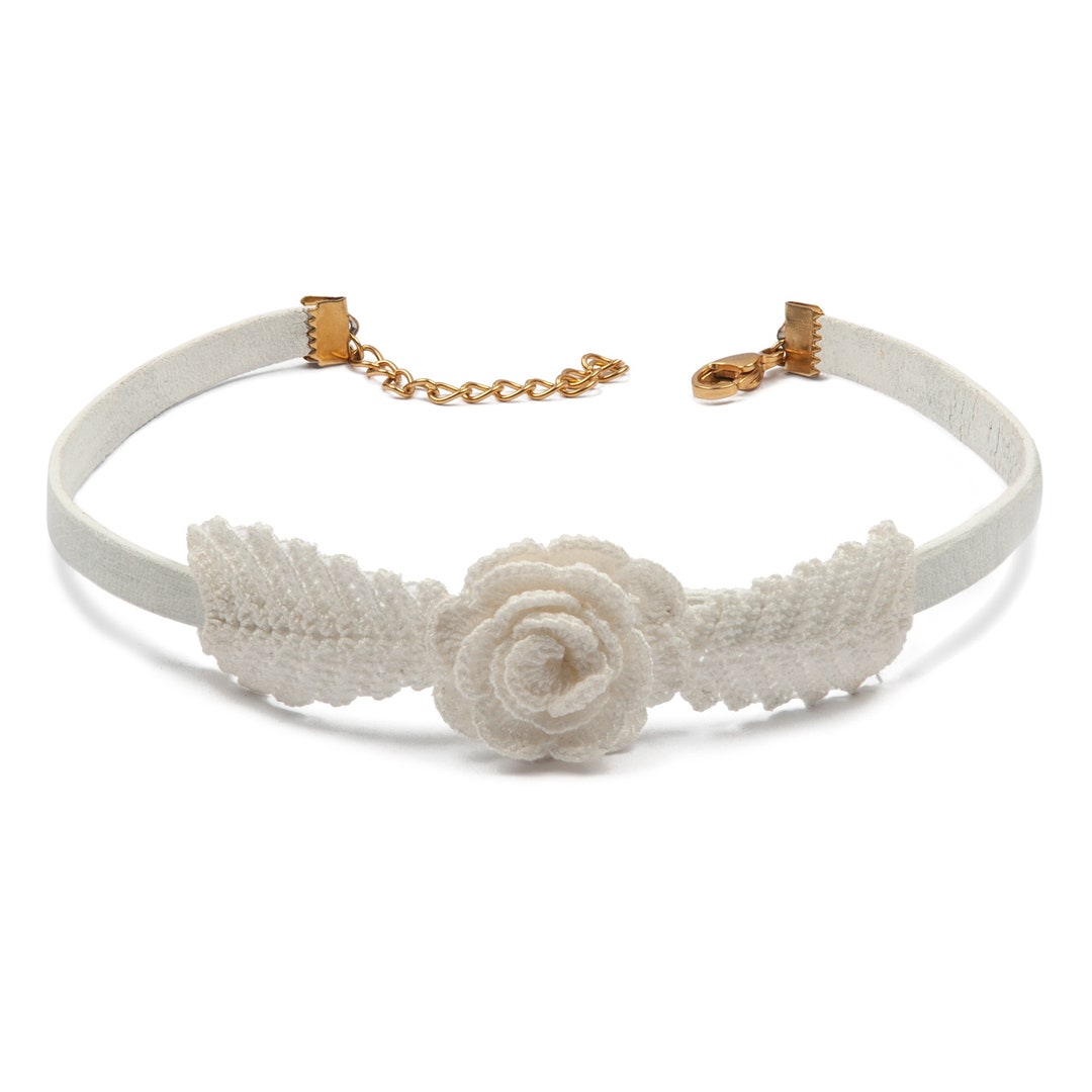 Mini Rosesste Choker White Leather Choker: Micro Crochet Rose, Boho Floral Necklace - Etsy