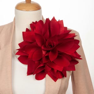 Red large flower Elegant satin party flower brooch for women,  Oversized floral pin Gift for her