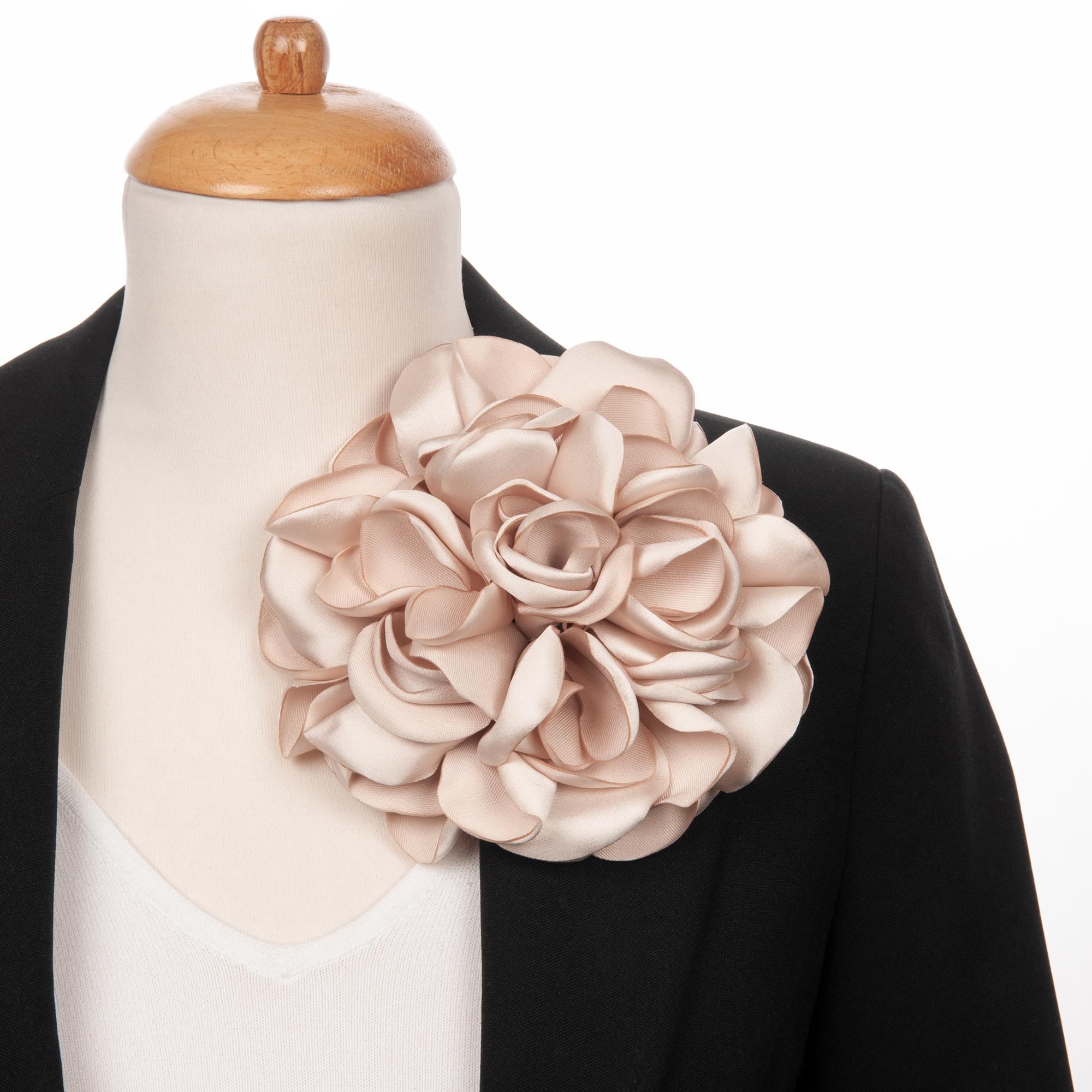 Champagne Satin Flower Brooch – Handmade Dusty Rose Corsage Pin
