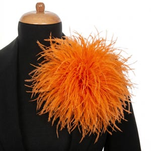 May include: An orange feather accent piece, possibly a brooch or shoulder embellishment, is displayed on a black garment. The feathers are a vibrant, saturated orange, creating a striking contrast against the dark fabric. The piece is likely for formal wear.