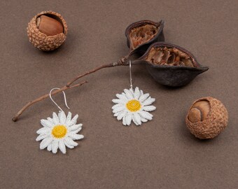 Handmade Crochet Daisy Sterling Silver Earrings: Boho Flower Jewelry