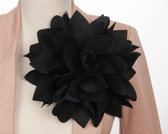 Black large flower Elegant Organza Party flower brooch for women,  Oversized floral pin Gift for her